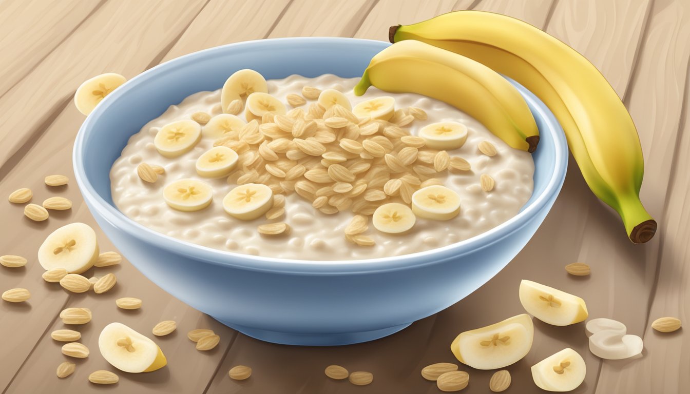 A bowl of Gerber organic probiotic oatmeal and banana baby cereal surrounded by fresh bananas and oats