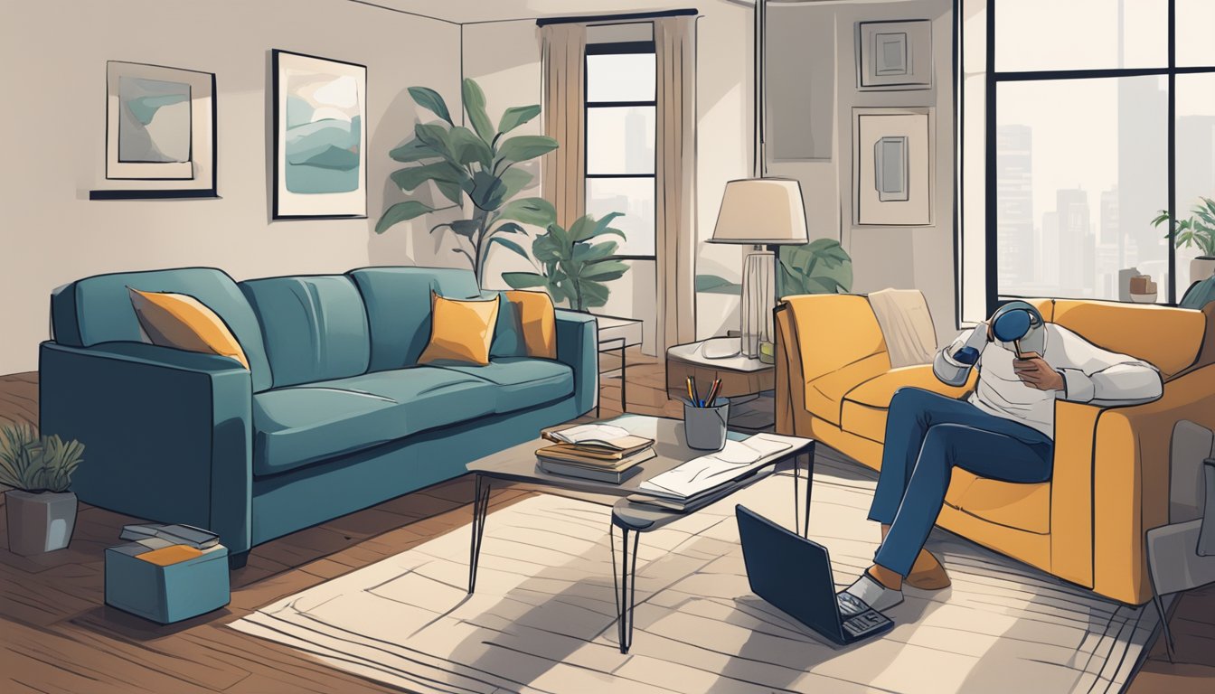 A somber living room with a phone off the hook, a notepad and pen, and a person in the background making a call