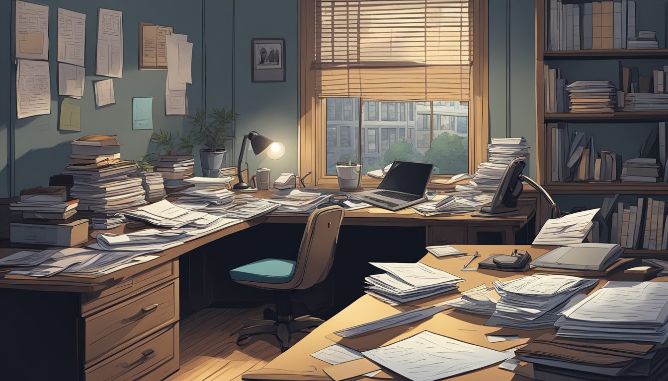 A dimly lit room with an open window, a cluttered desk with scattered papers, and a phone off the hook. A somber atmosphere with a sense of urgency