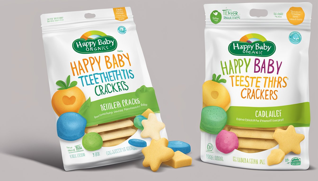 A colorful package of Happy Baby Organics teether crackers with clear allergen information displayed on the label