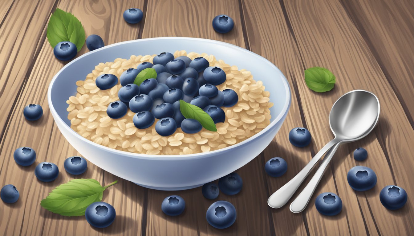 A bowl of Gerber Organic Oatmeal Cereal with Blueberry sits on a wooden table, surrounded by fresh blueberries and a spoon