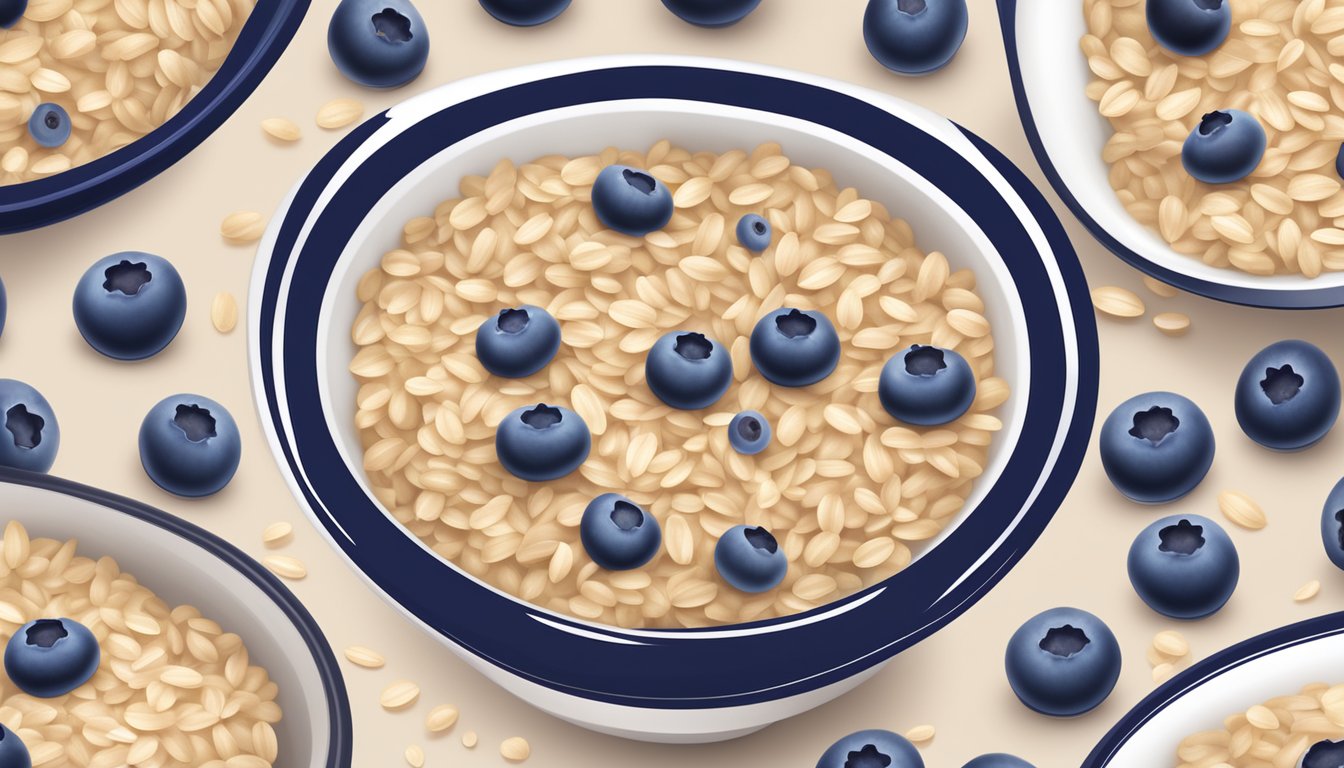 A bowl of Gerber organic oatmeal cereal with blueberries, surrounded by fresh blueberries and oats