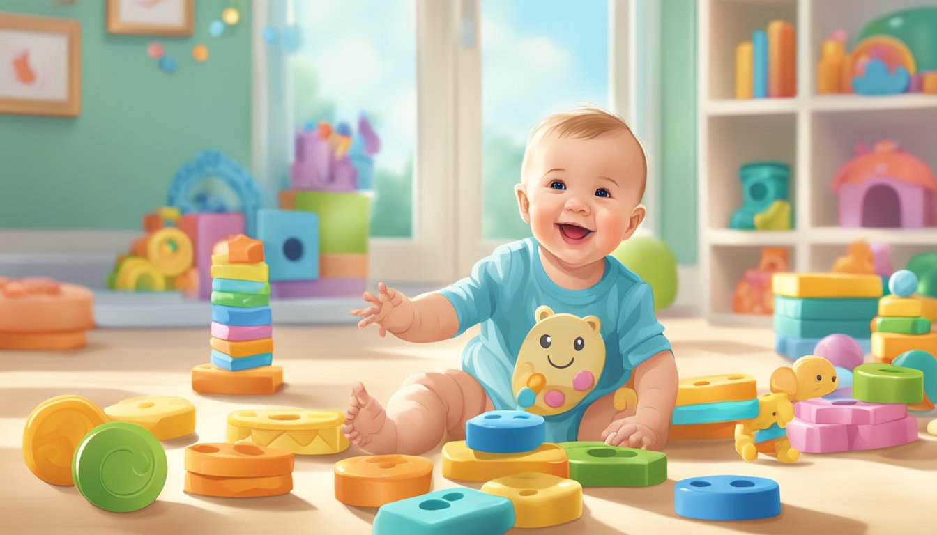 A smiling baby reaching for a pile of Happy Baby Organics teether crackers, surrounded by colorful toys and a bright, sunny room