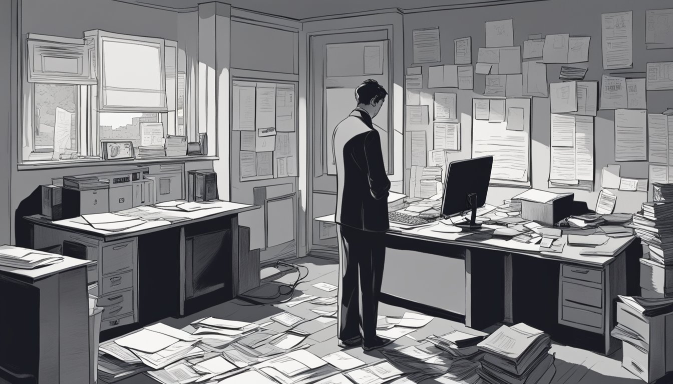 A somber figure stands in a dimly lit room, surrounded by scattered paperwork and a landline phone off the hook. A calendar on the wall marks the date