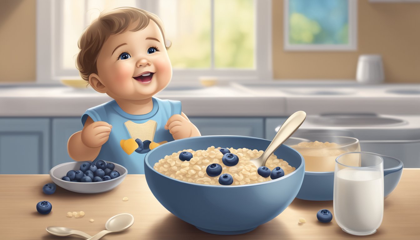 A bowl of Gerber organic oatmeal cereal with blueberry surrounded by fresh blueberries and a spoon, with a happy baby in the background