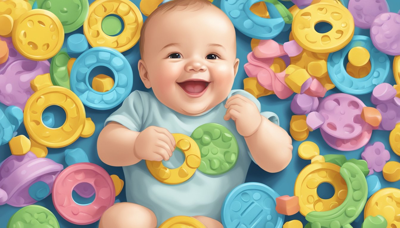 A smiling baby surrounded by colorful teether crackers