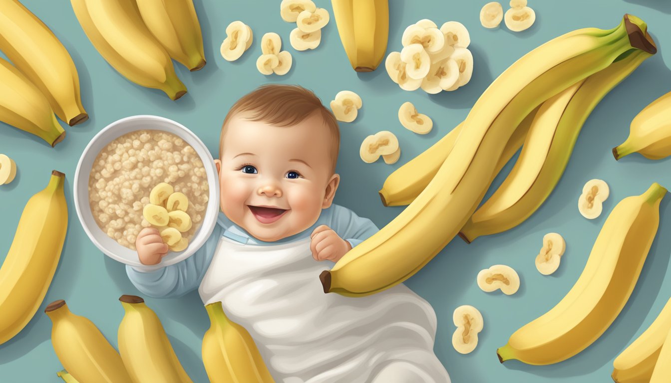 A smiling baby surrounded by ripe bananas and a bowl of Gerber organic probiotic oatmeal cereal