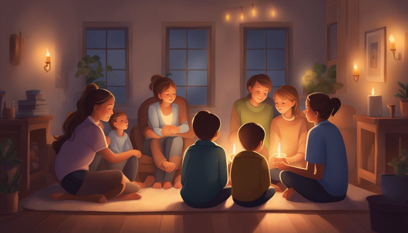 A family gathered around a peaceful, dimly lit room, offering each other hugs and comforting gestures. A soft glow from candles and gentle music create a serene atmosphere