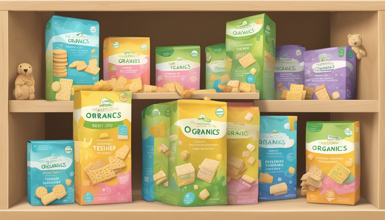 A shelf filled with boxes of Happy Baby Organics teether crackers, surrounded by child safety locks and a warning sign