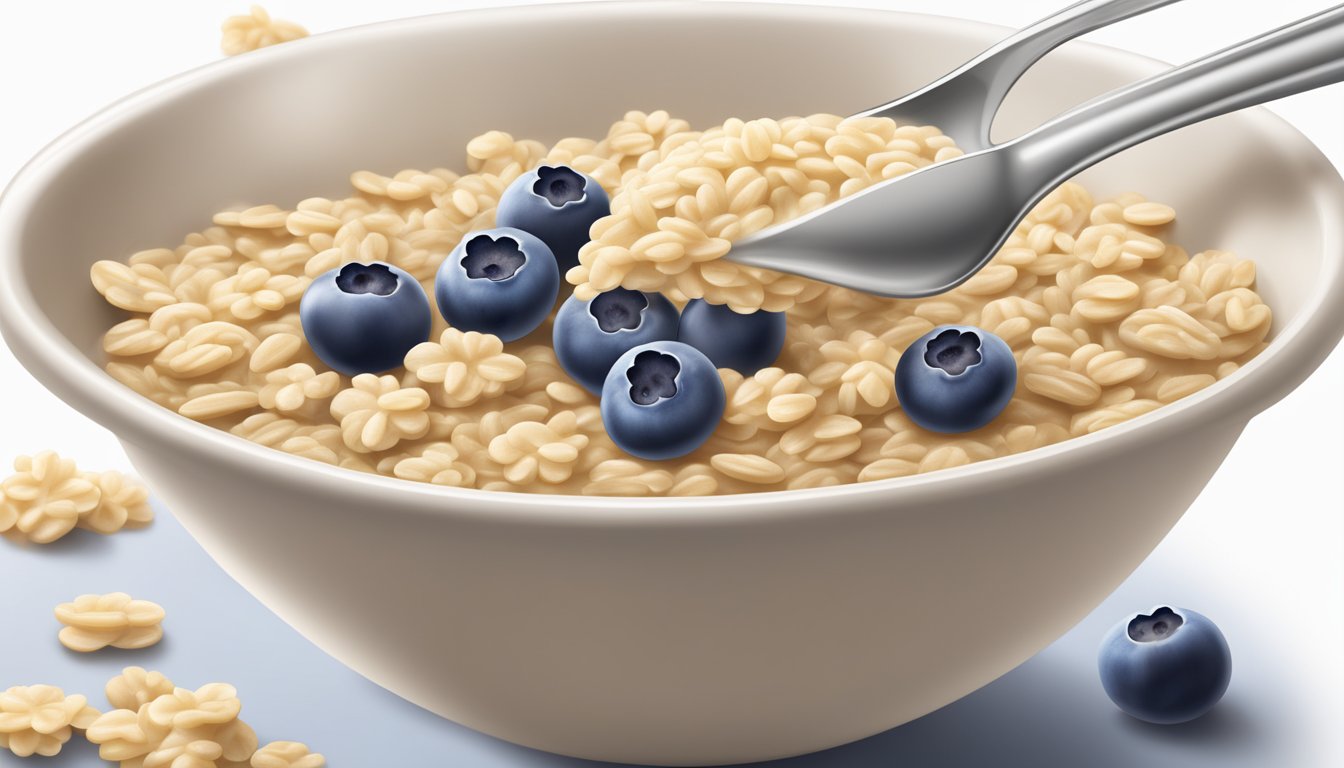 A spoonful of Gerber organic oatmeal cereal with blueberry being poured into a bowl