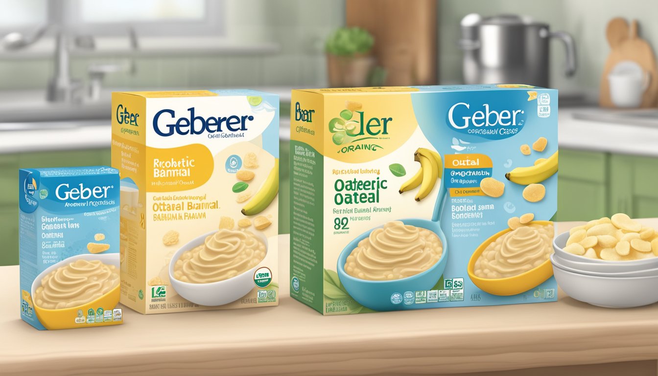 A colorful box of Gerber organic probiotic oatmeal and banana baby cereal on a kitchen counter