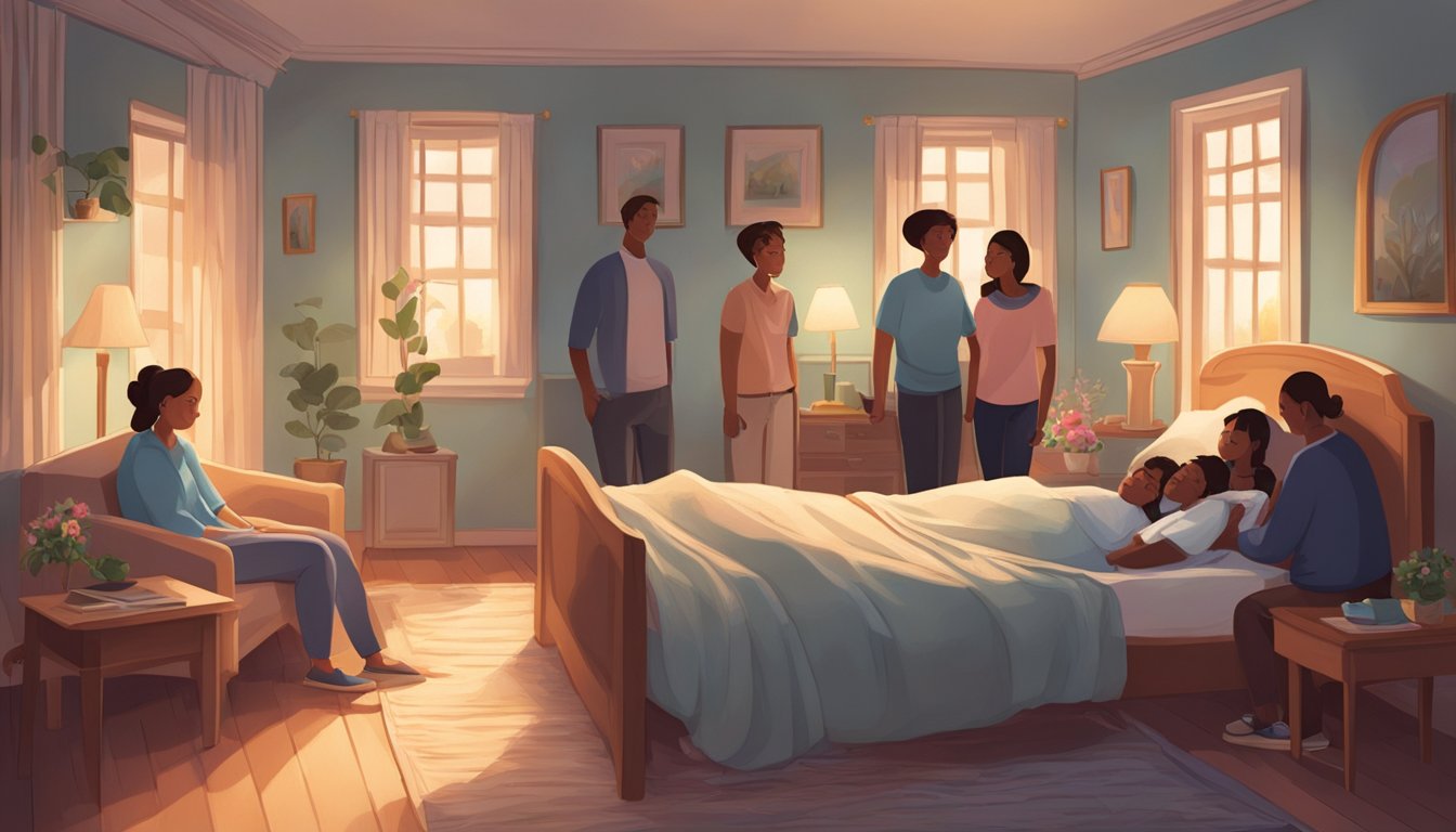 A peaceful room with a bed, soft lighting, and family members gathered around a loved one who has just passed away, offering comfort and support