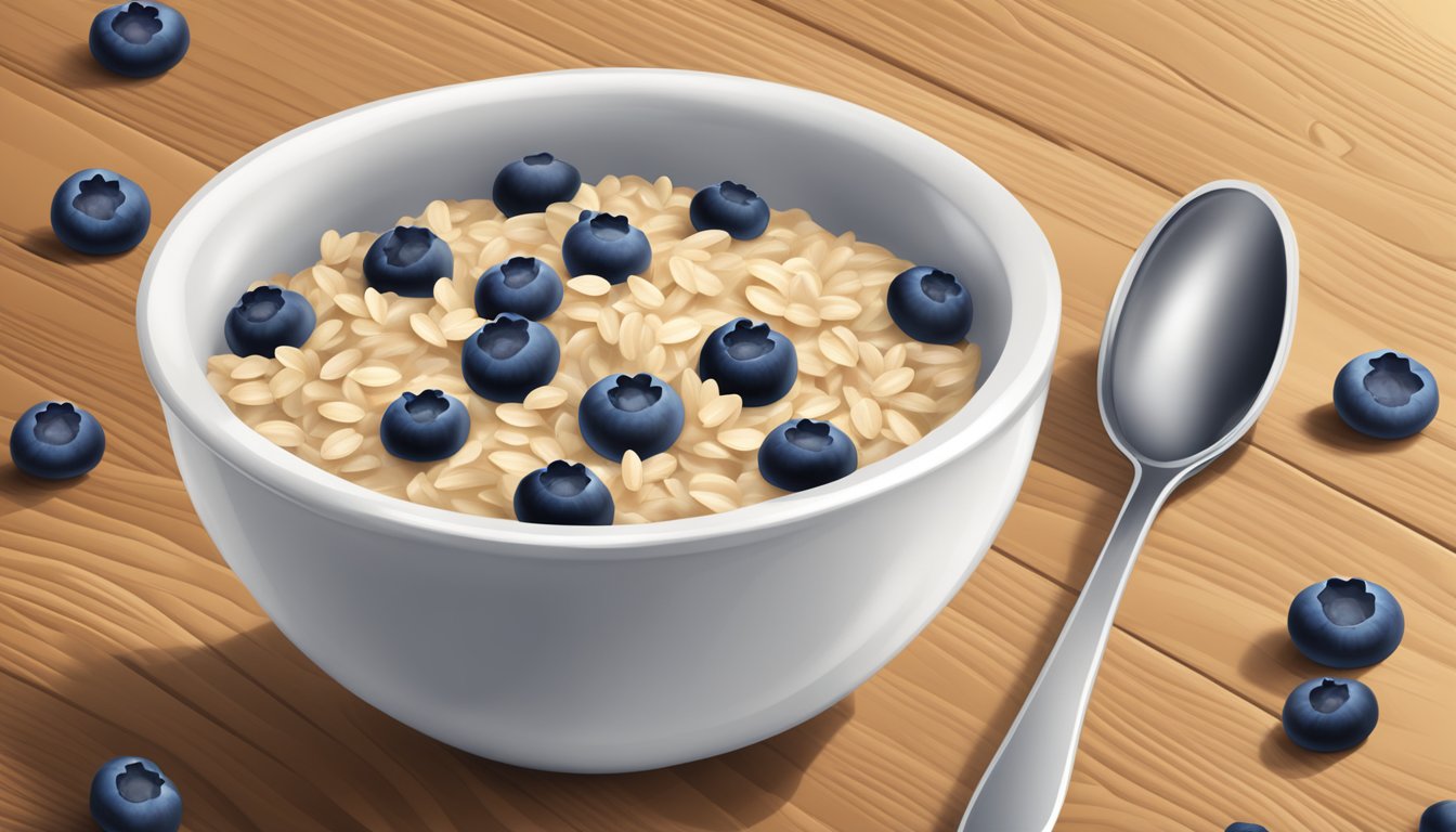 A bowl of Gerber organic oatmeal cereal with blueberries on a wooden table with a spoon beside it