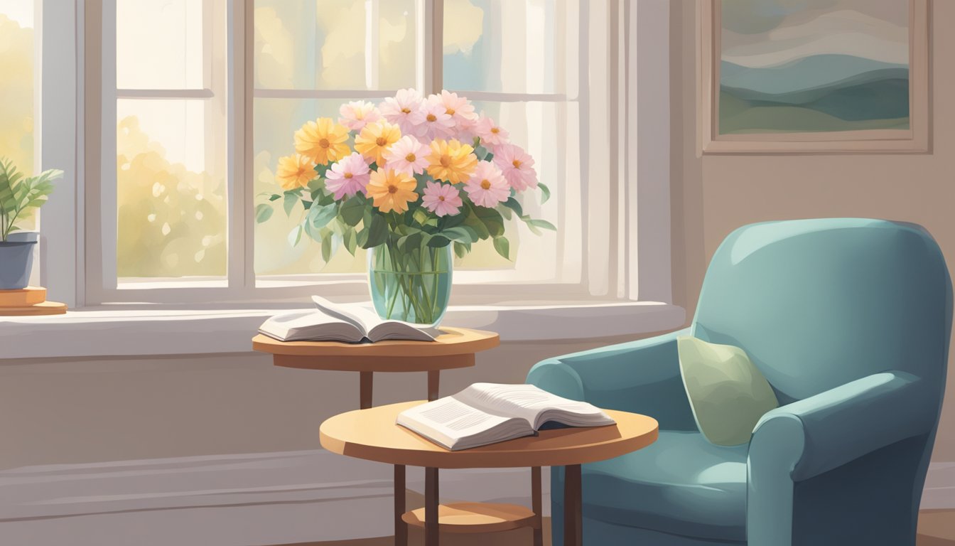 A peaceful room with soft lighting, comfortable seating, and a gentle breeze coming through an open window. A small table holds a vase of fresh flowers and a comforting book