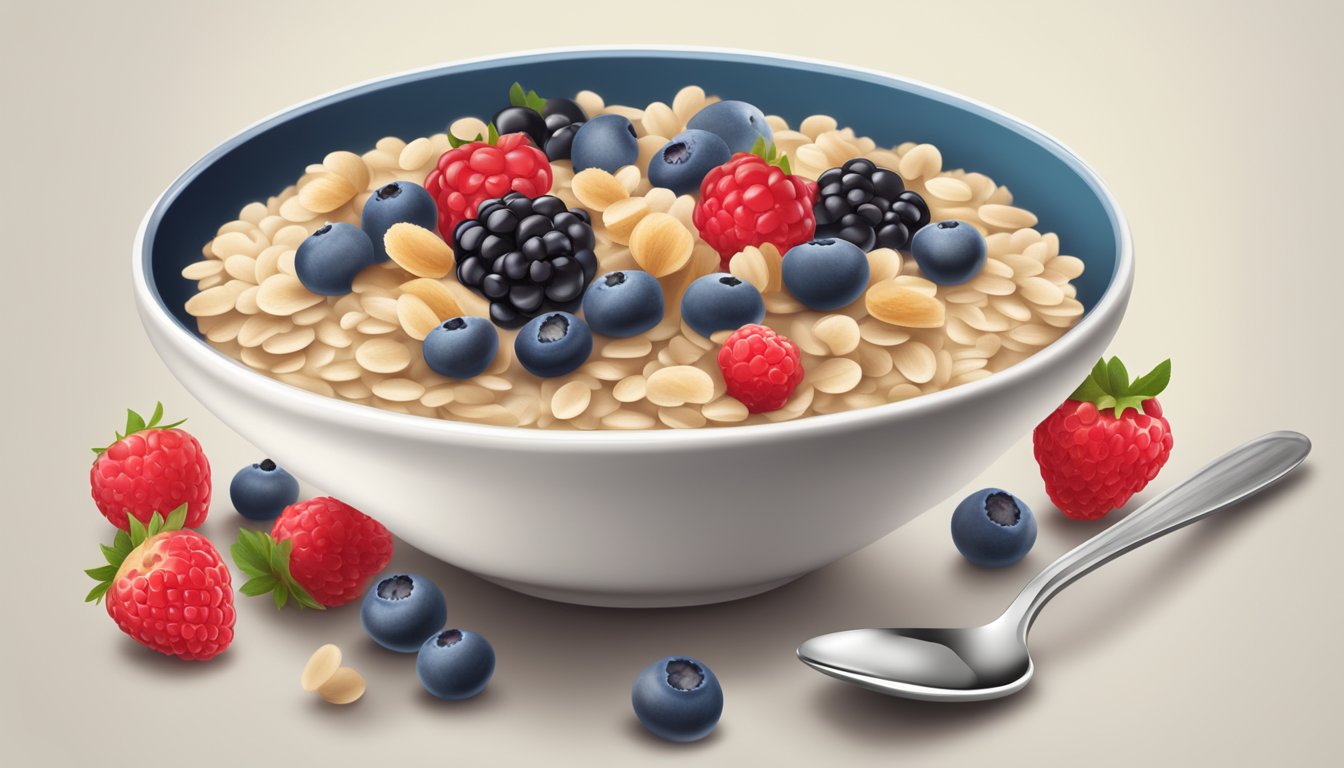 A bowl of Gerber organic oatmeal cereal with mixed berries, surrounded by fresh berries and a spoon