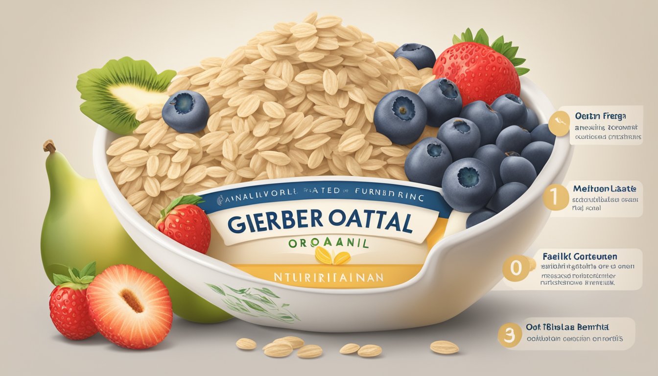 A bowl of Gerber Organic Oatmeal Cereal surrounded by fresh oats, milk, and fruit, with a label highlighting its nutritional benefits