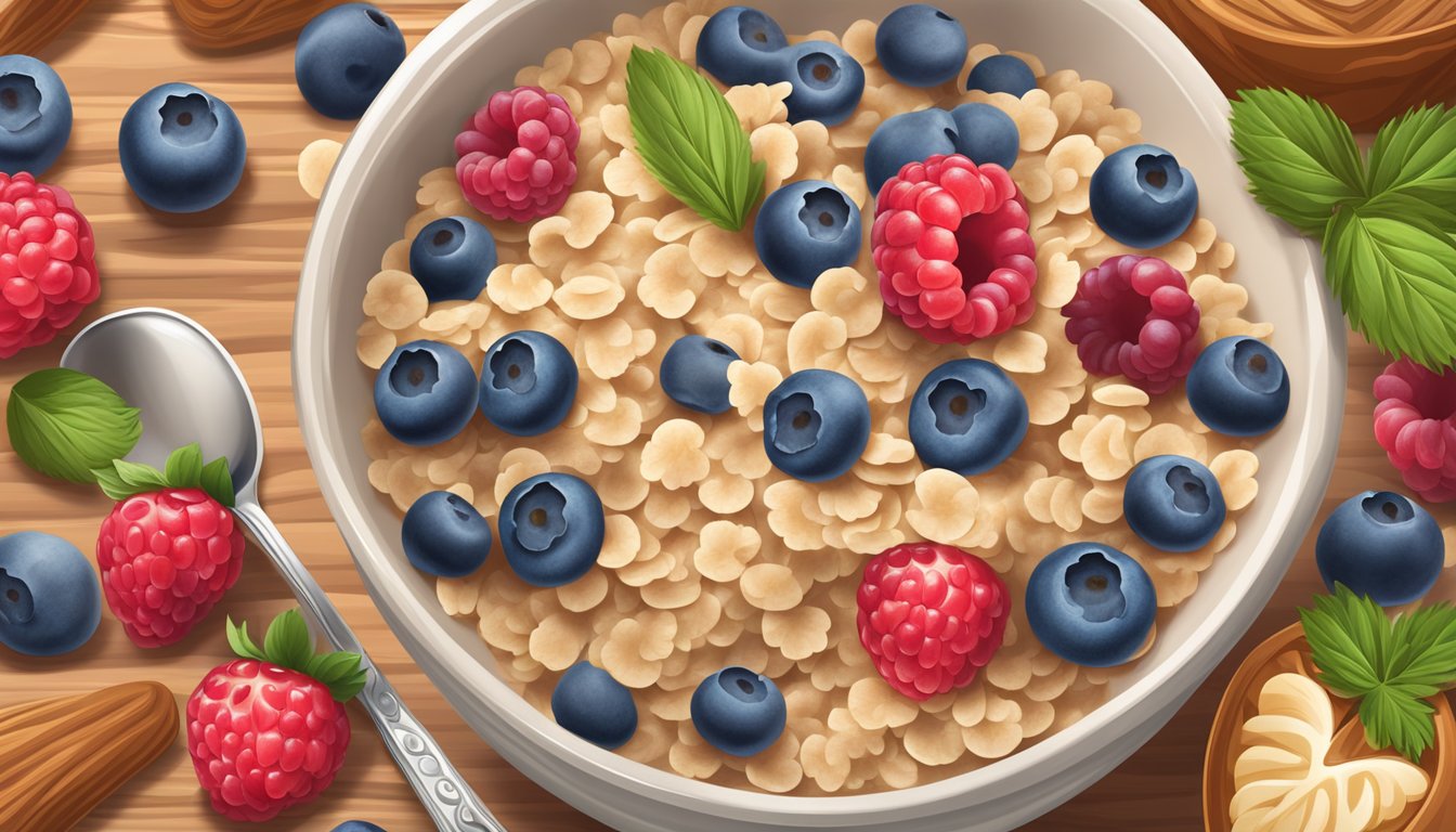 A bowl of Gerber organic oatmeal cereal with mixed berries surrounded by fresh berries and a spoon on a wooden table