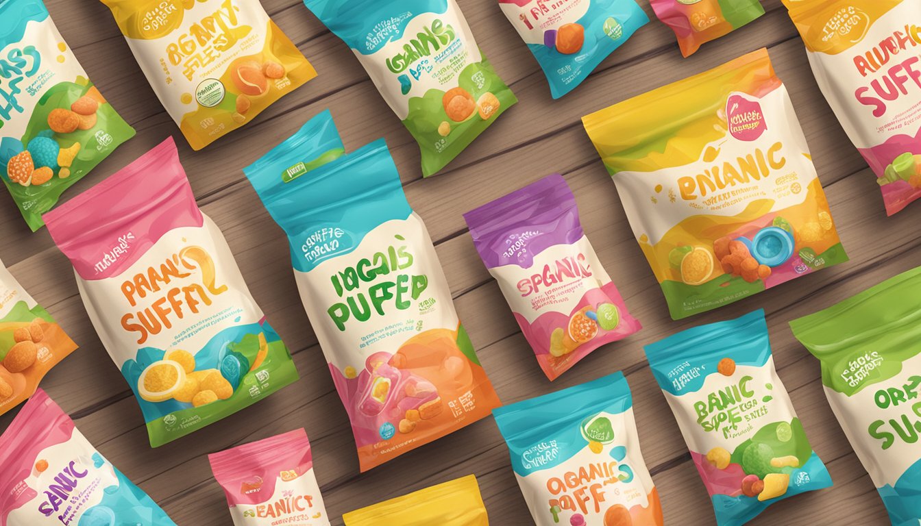 A colorful array of organic superfood puffs spills out of a happy baby-themed packaging onto a wooden table