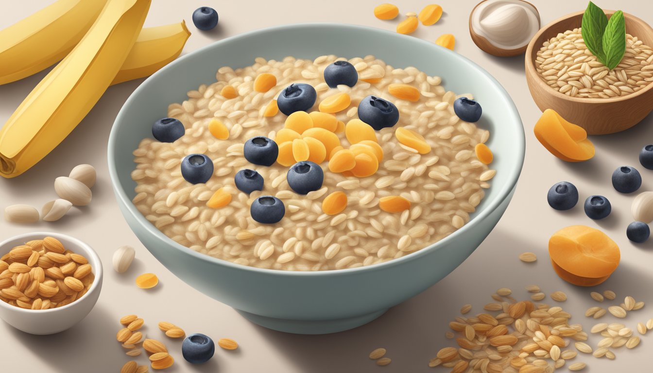 A bowl of Gerber organic oatmeal cereal surrounded by images of whole grains, vitamins, and healthy nutrients