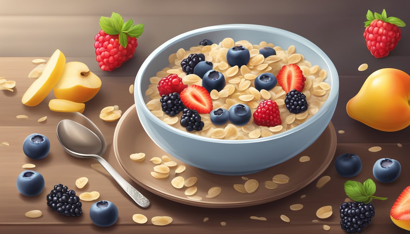 A colorful bowl of Gerber organic oatmeal cereal with mixed berries surrounded by fresh fruit and a spoon on a wooden table