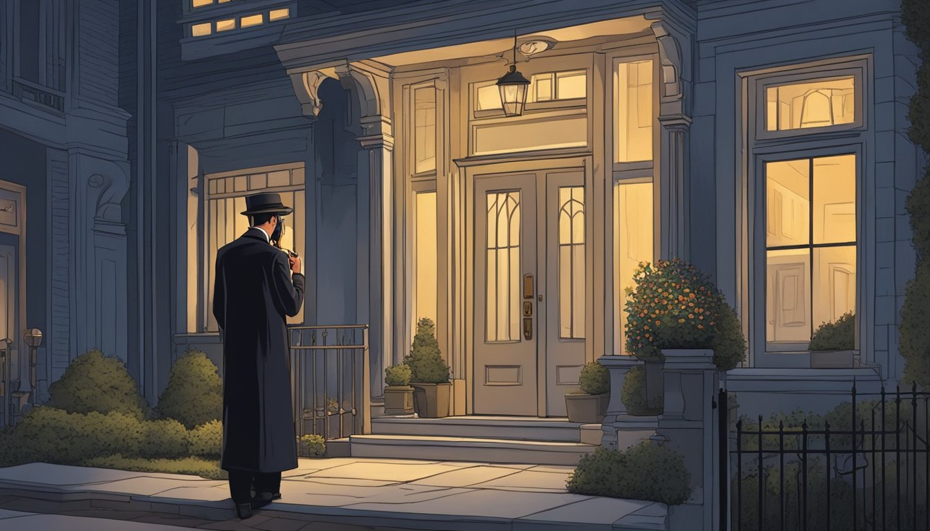 A somber figure stands at the doorway of a dimly lit home, speaking on the phone with a professional service. Outside, a hearse waits in the quiet street