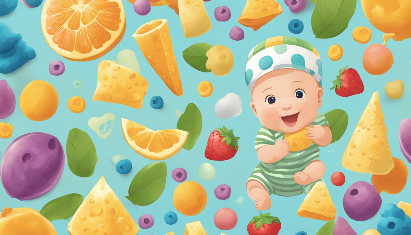 A colorful array of organic superfood puffs spills out of a happy baby-themed packaging, surrounded by safety symbols and health-related imagery