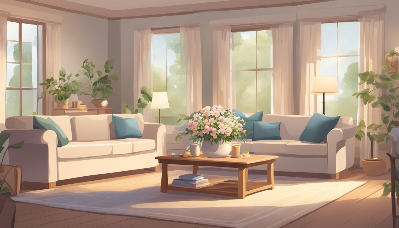 A serene room with soft lighting, a peaceful atmosphere, and a table adorned with flowers and comforting items for families to gather and provide care after a loved one's passing