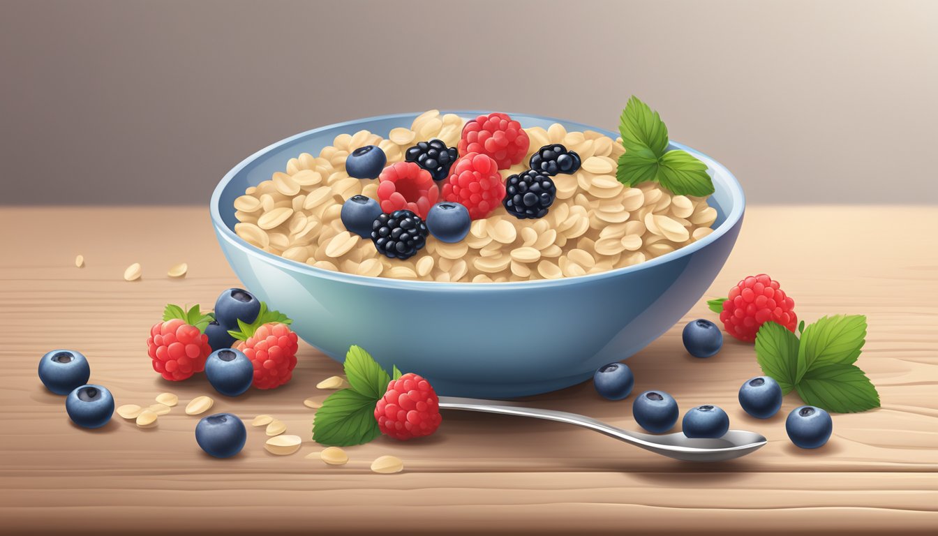 A bowl of Gerber organic oatmeal cereal with mixed berries on a wooden table, surrounded by fresh berries and a spoon