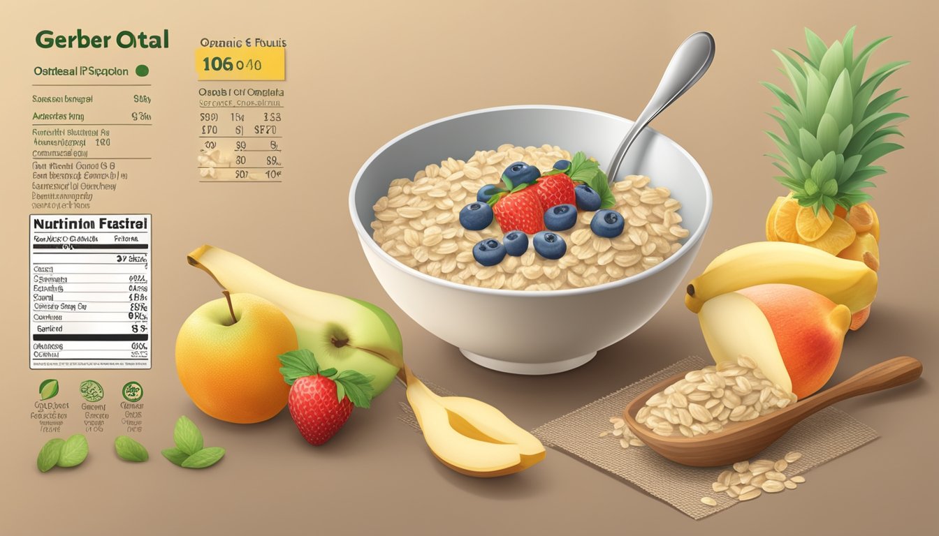 A bowl of Gerber organic oatmeal cereal surrounded by fresh fruits and a measuring spoon, with a nutritional facts label in the background