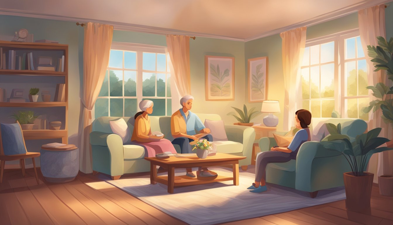 A serene setting with a comforting atmosphere, featuring a peaceful room with soft lighting and gentle colors, surrounded by supportive and empathetic family members