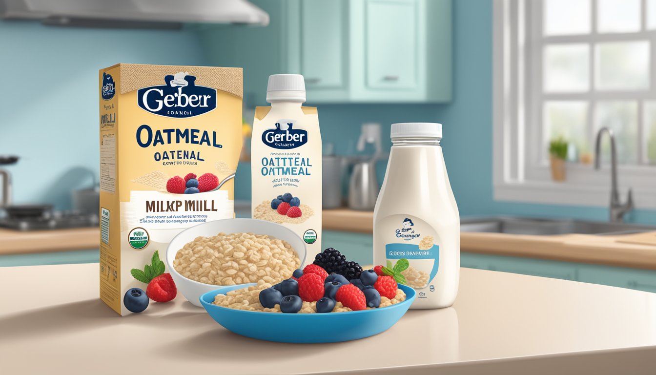 A bowl of Gerber organic oatmeal cereal with mixed berries sits on a clean kitchen counter, next to a spoon and a container of milk