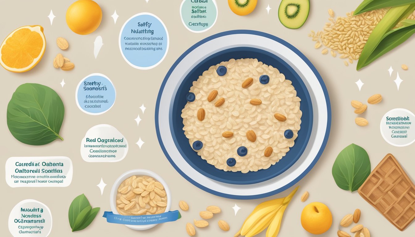 A bowl of Gerber organic oatmeal cereal surrounded by symbols representing safety and certification standards, with a list of nutritional benefits displayed nearby