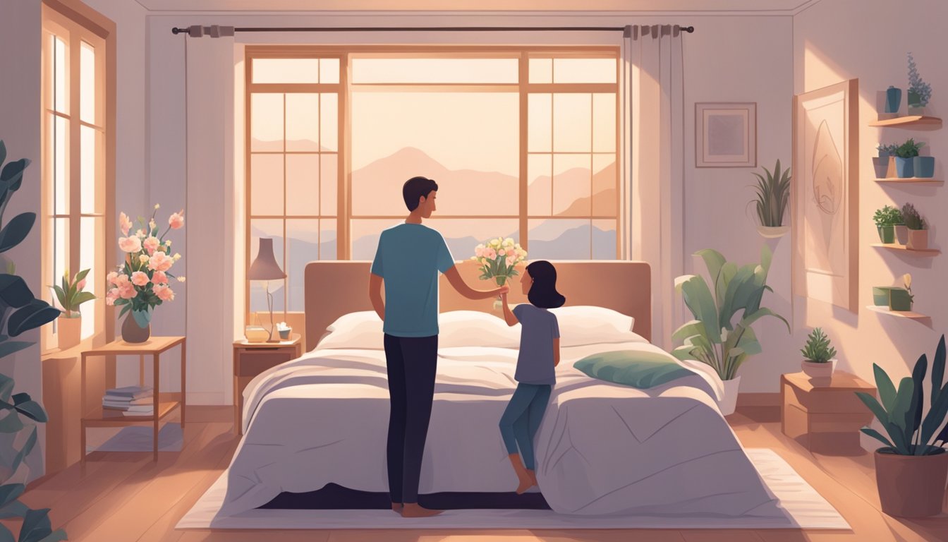 A peaceful room with soft lighting and comforting surroundings. A family member gently arranging personal items and flowers around a loved one's empty bed