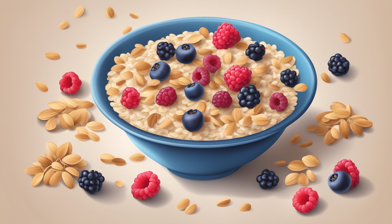 A bowl of Gerber organic oatmeal cereal with mixed berries, surrounded by scattered oats and berries