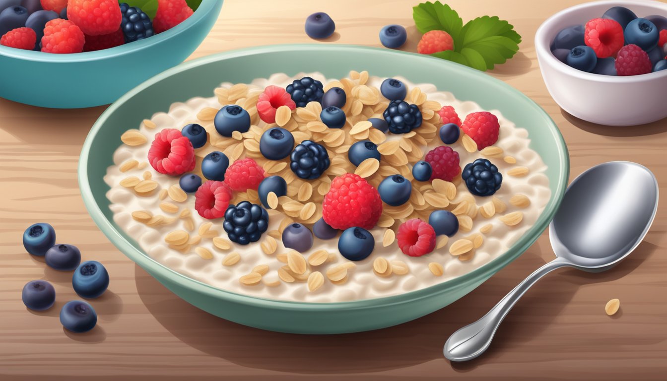 A bowl of Gerber organic oatmeal cereal with mixed berries sits on a wooden table, surrounded by fresh berries and a spoon