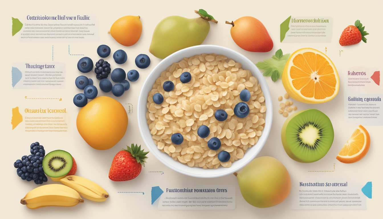 A bowl of Gerber organic oatmeal cereal surrounded by images of fruits and grains, with a backdrop of research papers and quotes from nutrition experts