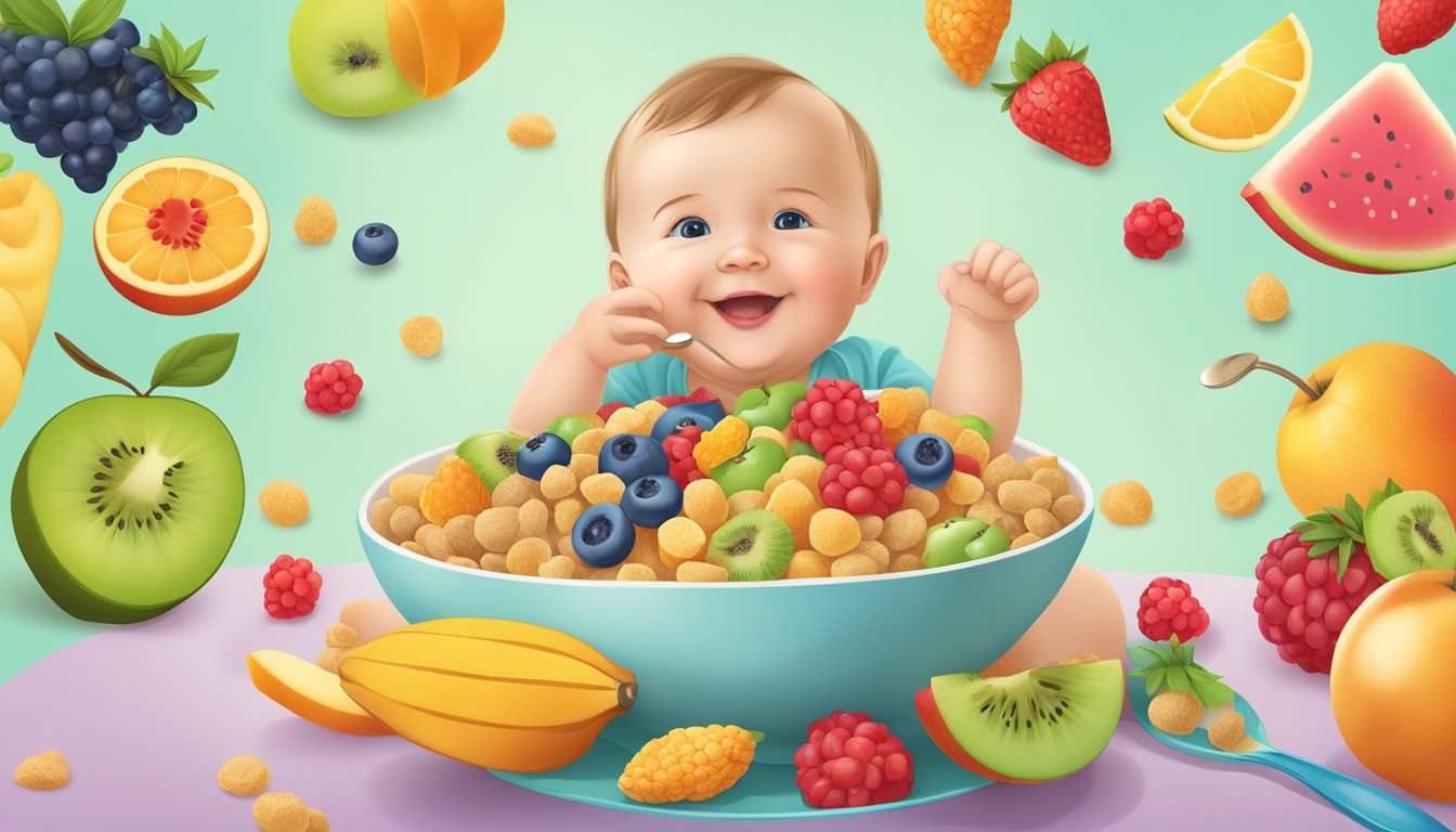 A bowl of Happy Baby Organics Clearly Crafted cereal surrounded by colorful fruits and a spoon