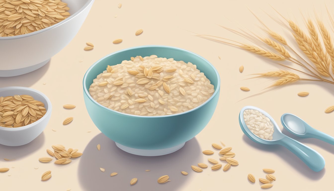 A bowl of Gerber organic oatmeal cereal surrounded by oats, a measuring cup, and a spoon. Nutritional facts and benefits displayed nearby