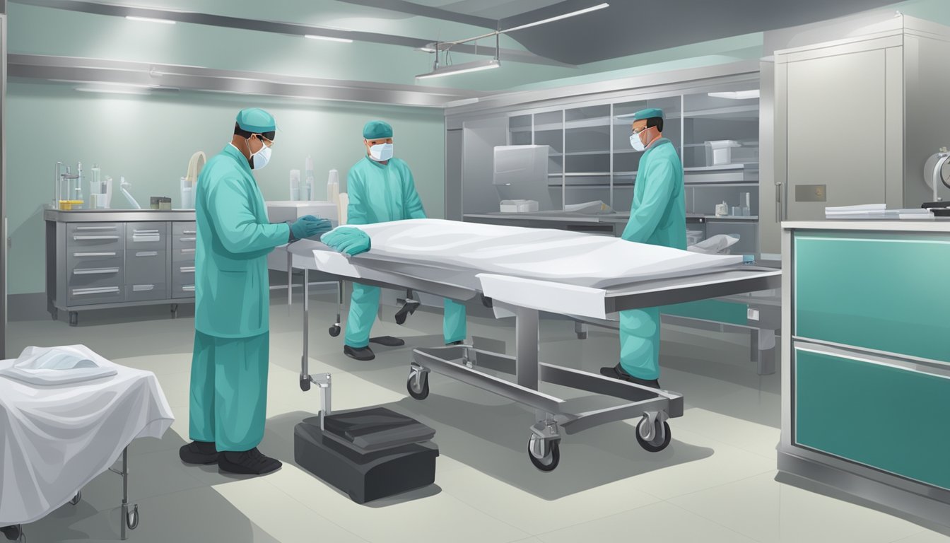 A coroner examining a body in a morgue, surrounded by medical equipment and forensic tools