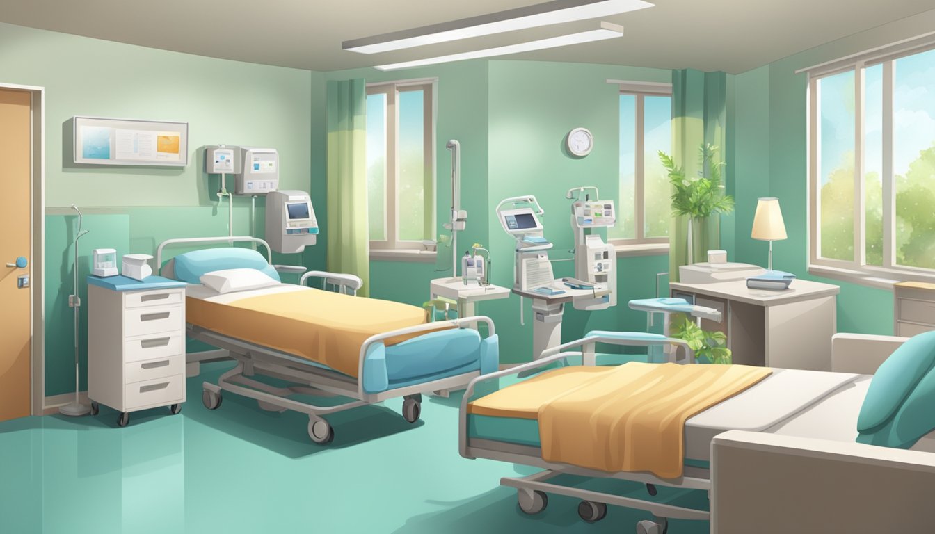 A hospital room with medical equipment, a hospice room with comfortable furnishings, and a peaceful home environment with family members present