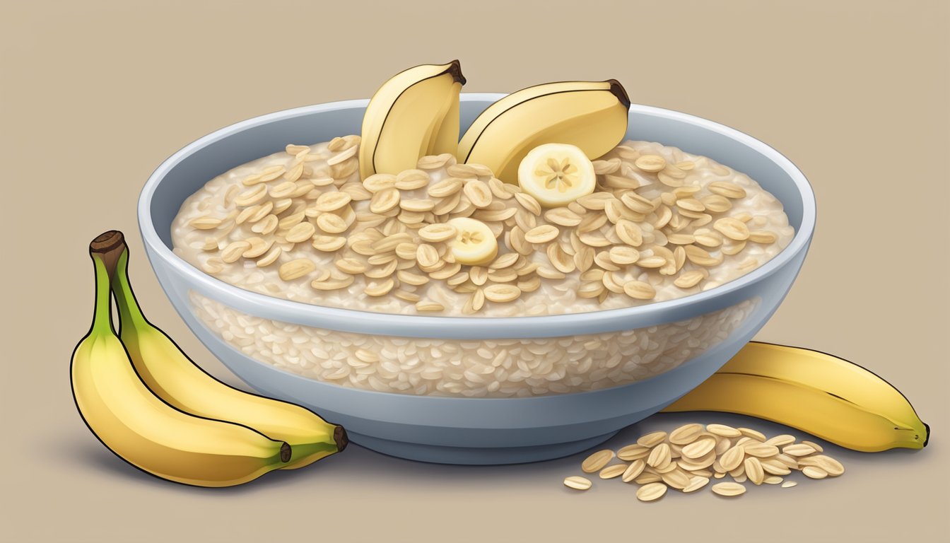 A bowl of Gerber organic oatmeal cereal with banana, surrounded by fresh bananas and oats