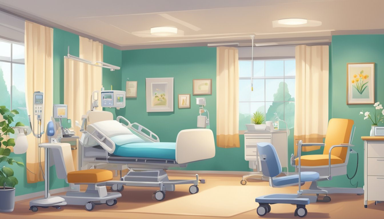 A hospital room with medical equipment, a hospice room with comforting decor, and a peaceful home setting with family and caregivers