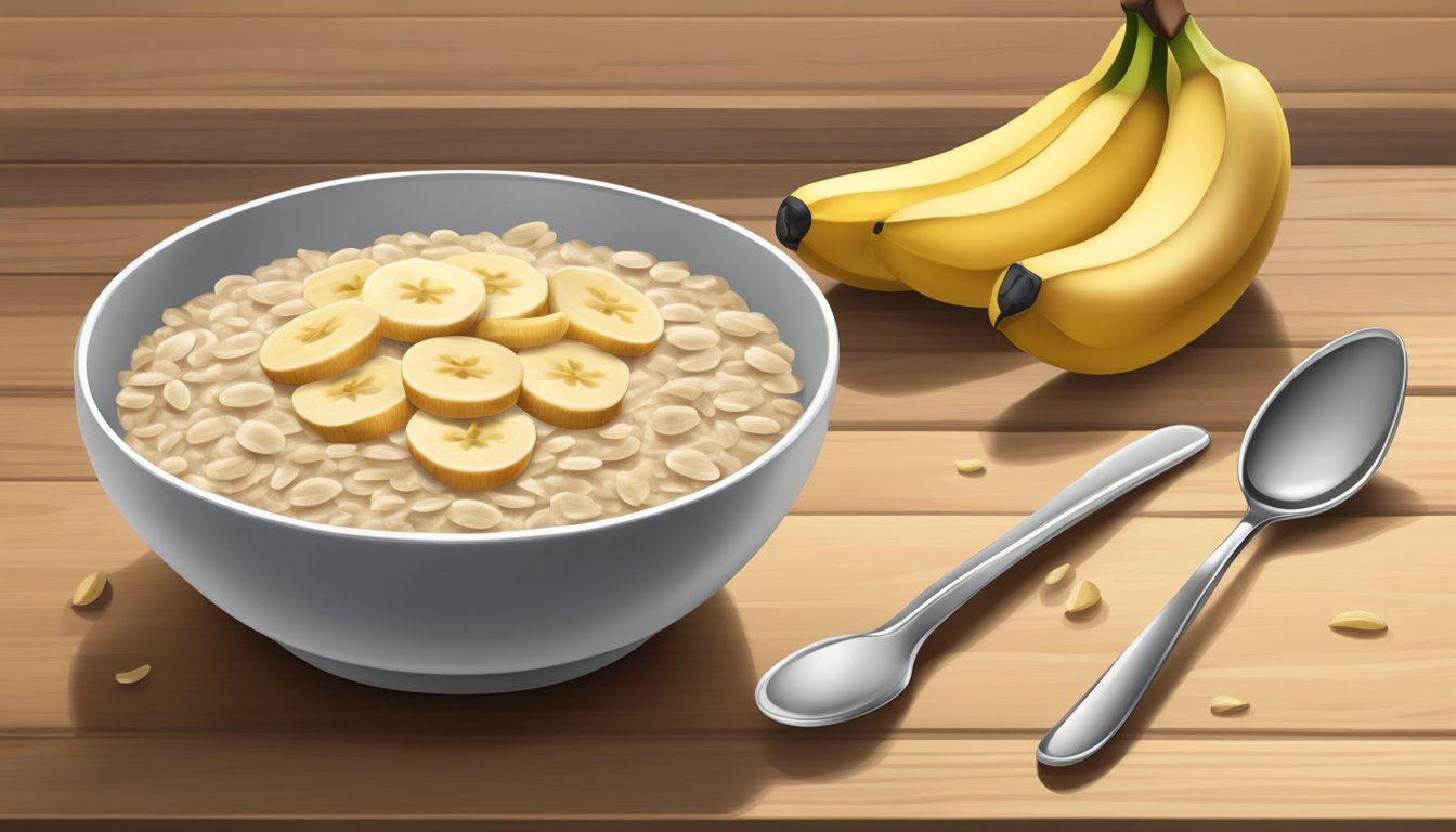 A bowl of Gerber organic oatmeal cereal with sliced bananas on a wooden table. A spoon rests next to the bowl