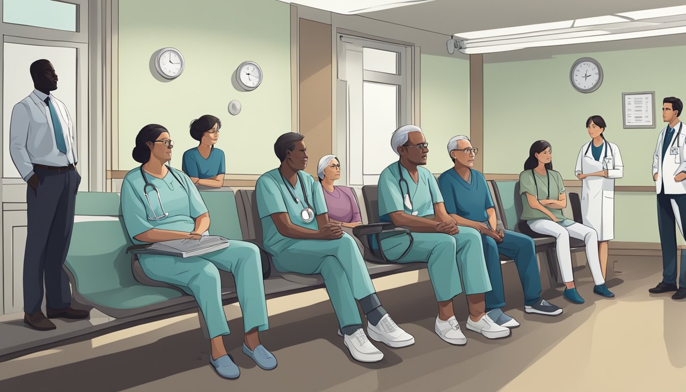 A somber group of figures in a hospital waiting room, with a doctor delivering the legal pronouncement of death