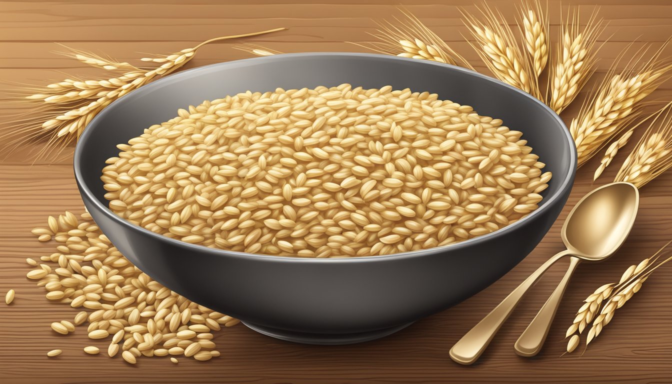 A bowl of Gerber Organic Barley Cereal surrounded by scattered barley grains on a wooden table