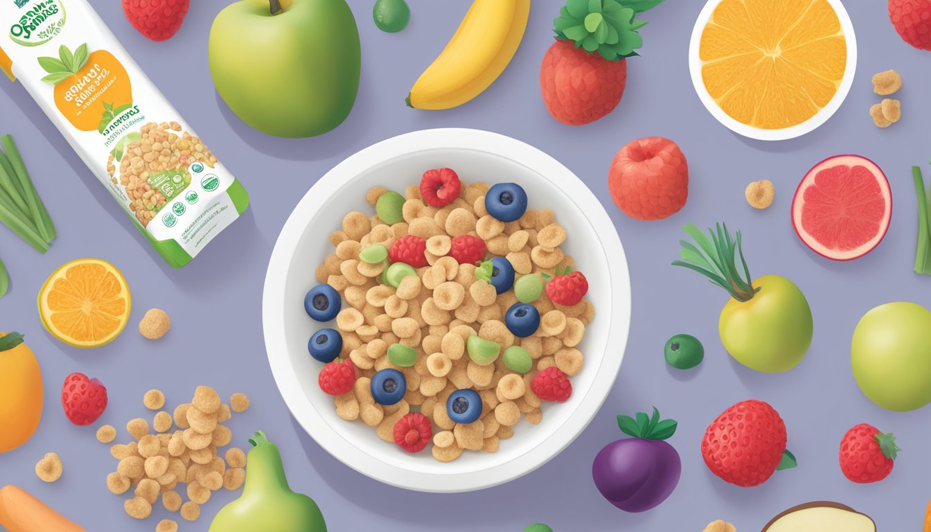 A bowl of Happy Baby Organics Clearly Crafted cereal surrounded by fruits and vegetables, with a nutritional information label and feeding guidelines displayed nearby