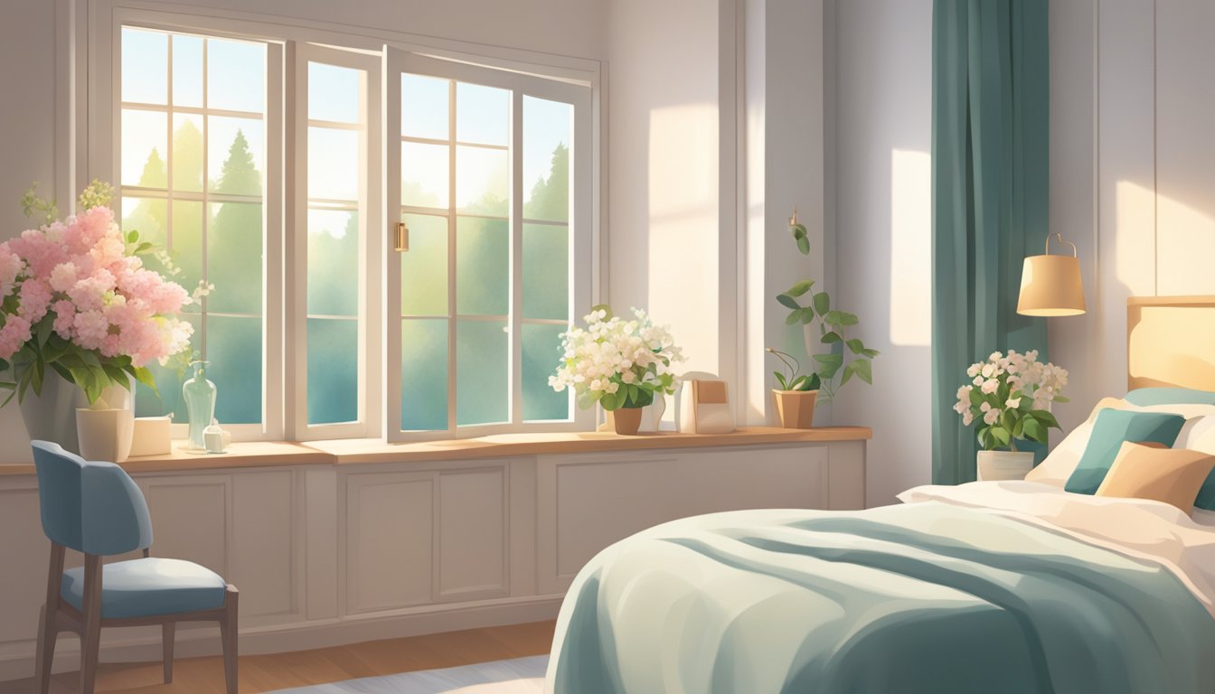 A peaceful bedroom with soft lighting, a comfortable bed, and a small table holding a vase of fresh flowers. An open window lets in a gentle breeze, creating a serene atmosphere for end-of-life care at home