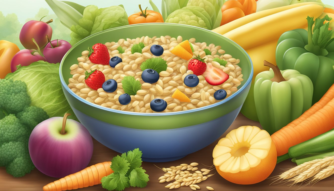 A bowl of Gerber organic barley cereal surrounded by fresh fruits and vegetables