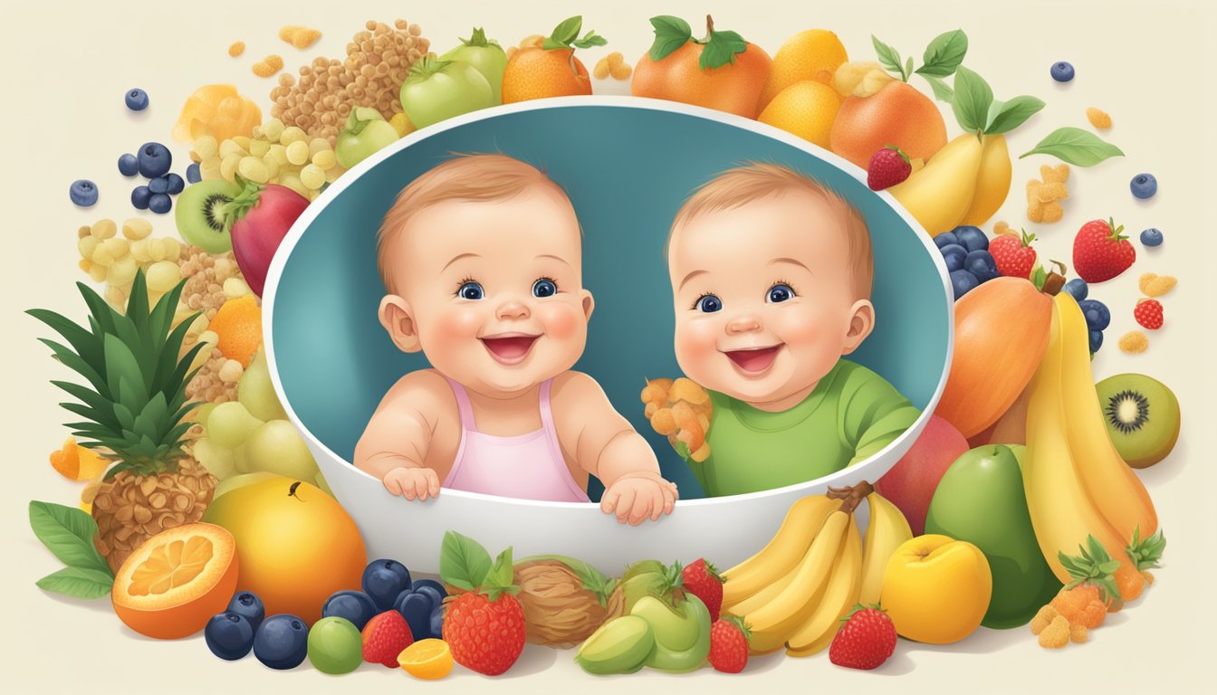 A smiling baby surrounded by a variety of colorful fruits and grains, with the "Support and Savings happy baby organics clearly crafted cereal" prominently displayed