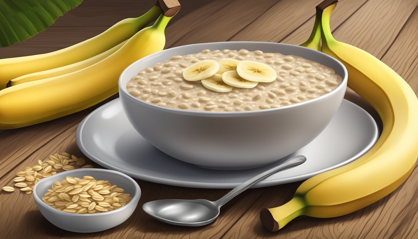 A bowl of Gerber organic oatmeal cereal with banana, surrounded by fresh bananas and oats on a wooden table